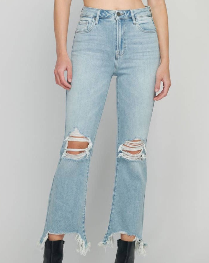 Hidden distressed flare jeans light blue