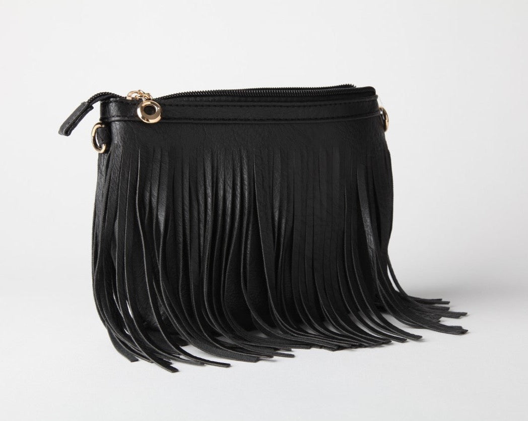 Black fringe clutch clearance bag