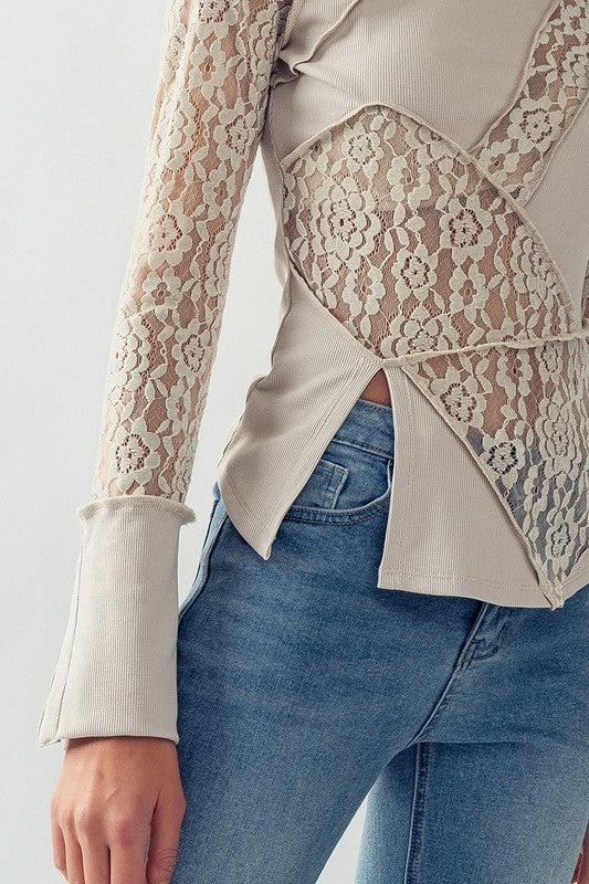 Sheer Floral Lace Rib Contrast Top