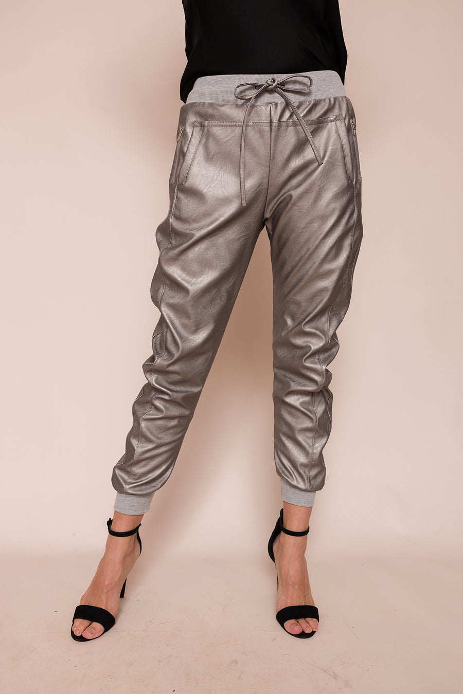 Vegan Leather Grey Metallic Joggers