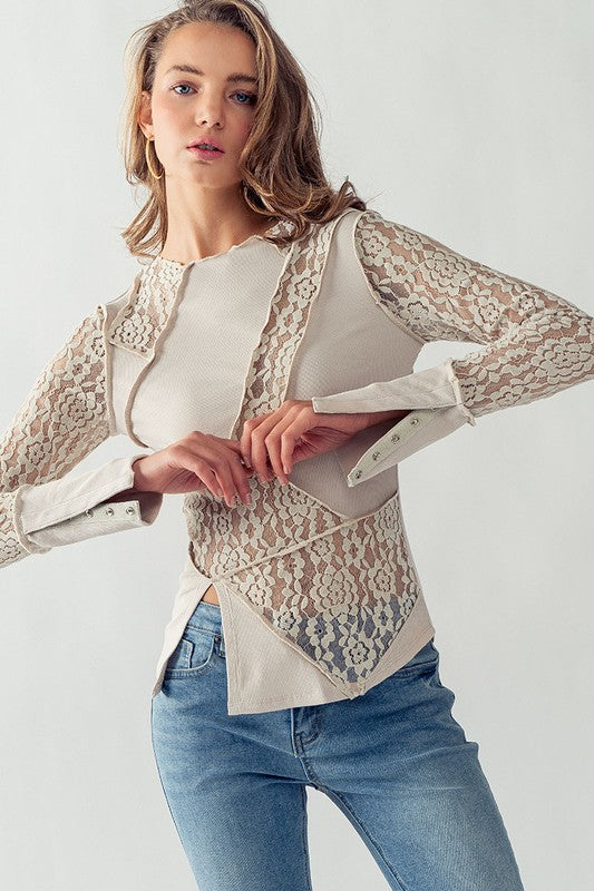 Sheer Floral Lace Rib Contrast Top