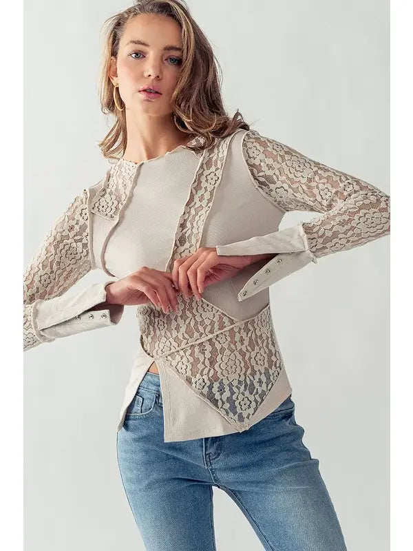 Sheer Floral Lace Rib Contrast Top