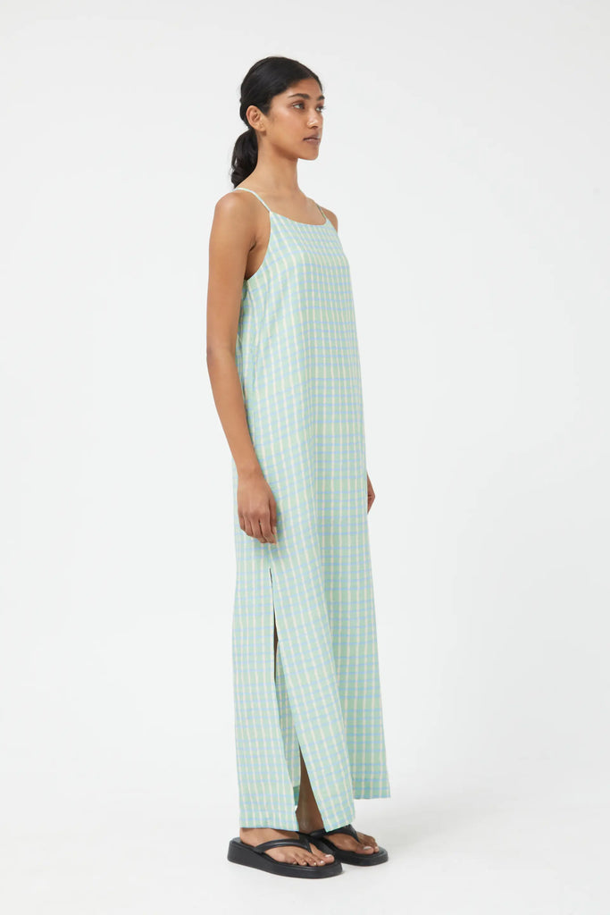 Green Plaid Long Dress with Side Slits
