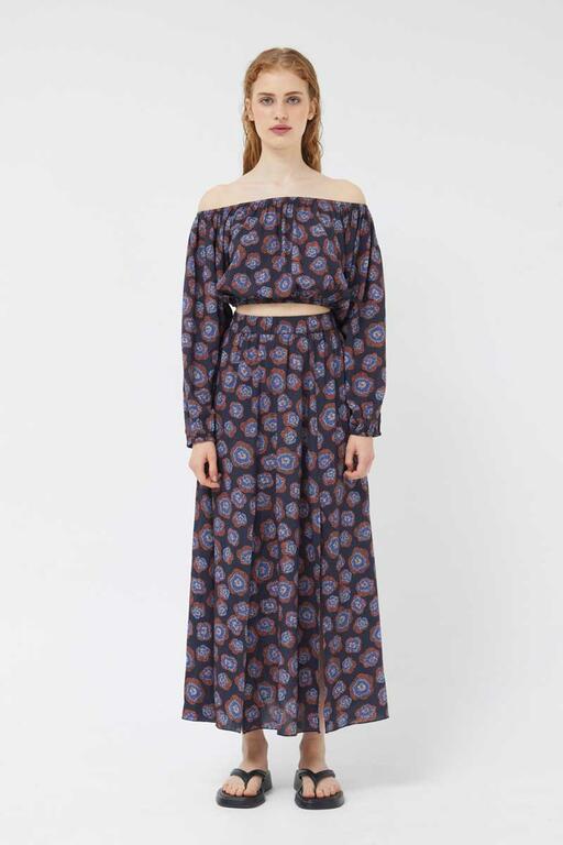 Navy Floral Long Midi Skirt