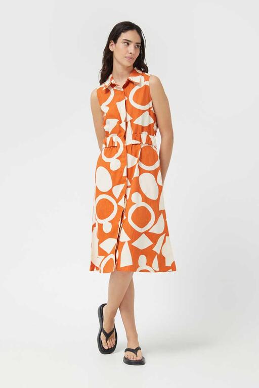 Orange & White Geometric Midi Dress