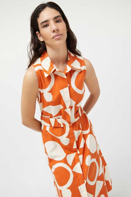 Orange & White Geometric Midi Dress