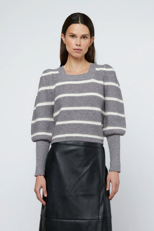 Grey & White Striped Sweater with Puff Sleeves By Wild Pony