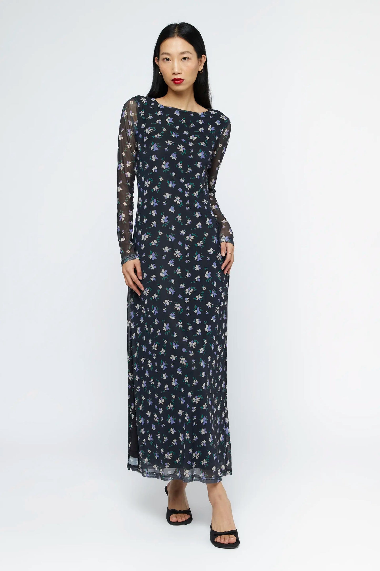 Black Floral Sheer Sleeve Fitted Dress