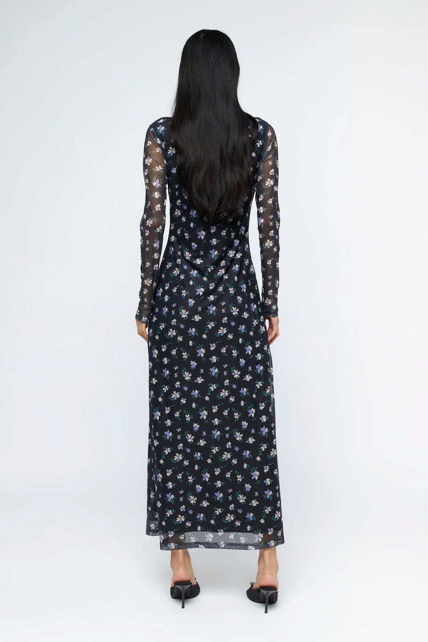 Black Floral Sheer Sleeve Fitted Dress