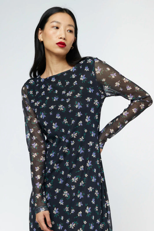 Black Floral Sheer Sleeve Fitted Dress