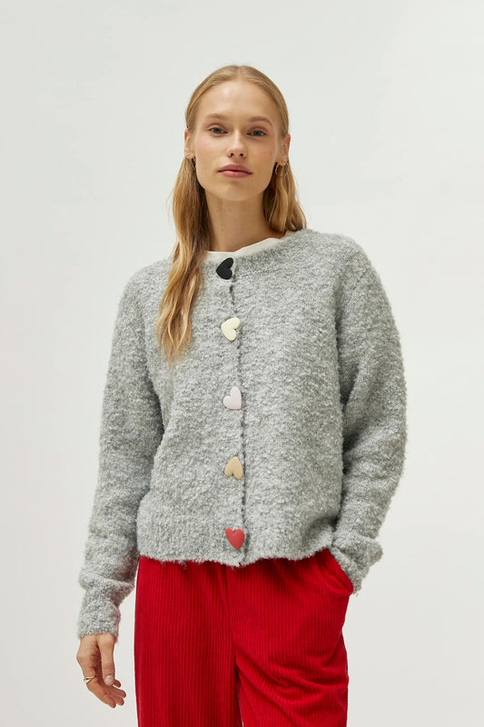 Grey Cardigan with  Colored Heart Buttons