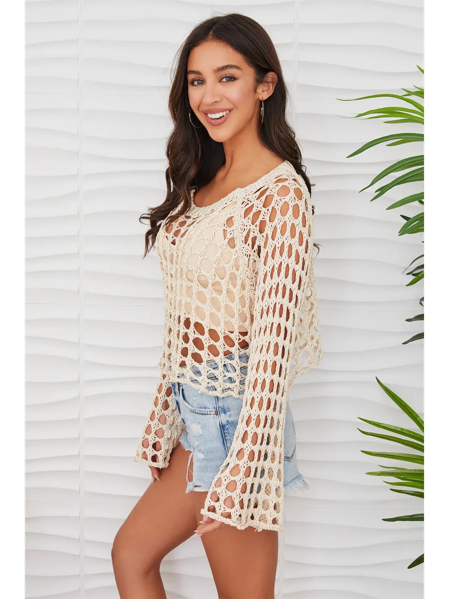 Beige Scoop Neck Open Crochet Top