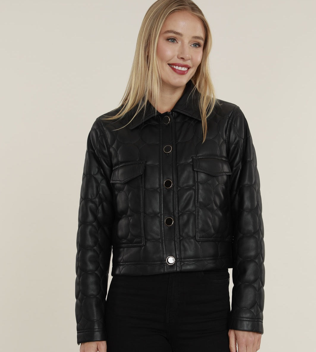 Cropped Black Vegan Leather Quilted Jacket