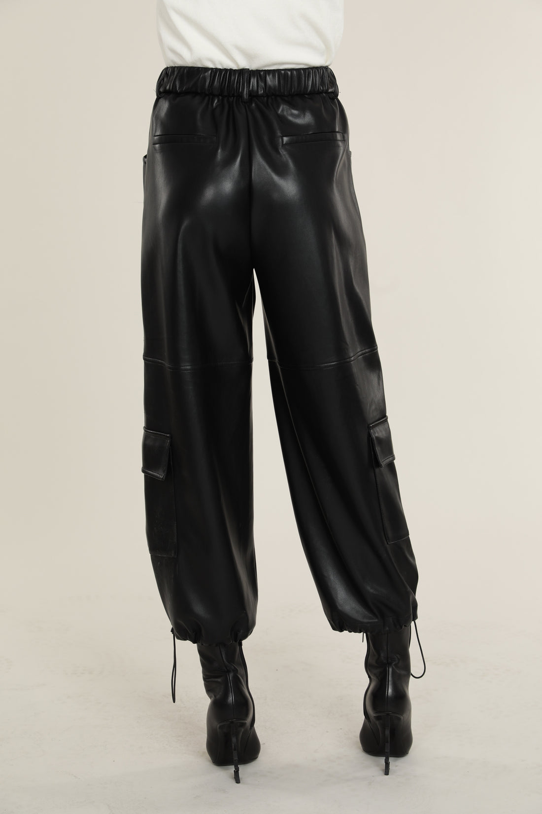Black Vegan Leather Cargo Pants with Ankle Tie