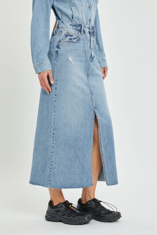 Peyton Light Wash Midi Denim Skirt with Front Slit