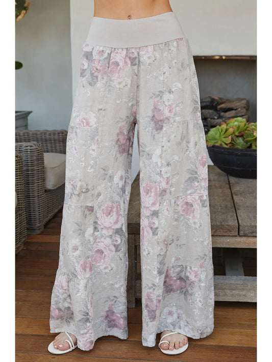 Linen Rose Print Tiered Palazzo Pant