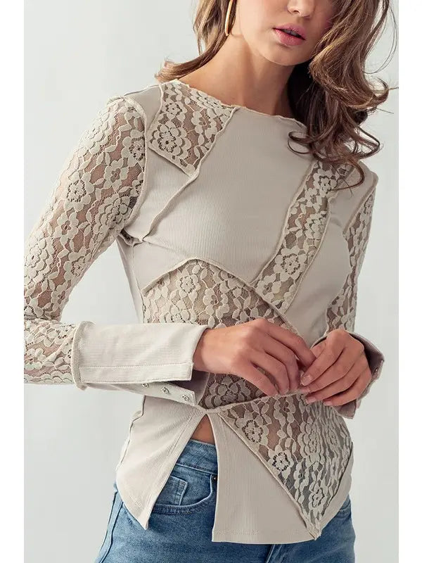 Sheer Floral Lace Rib Contrast Top