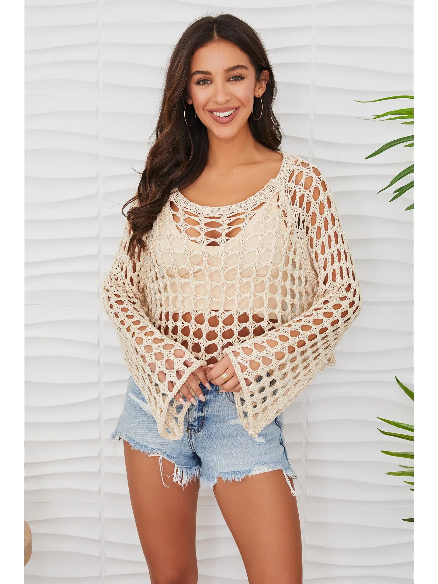 Beige Scoop Neck Open Crochet Top