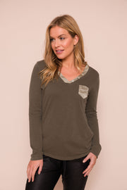 Blair Long Sleeve with Satin Trim Pocket in Olive