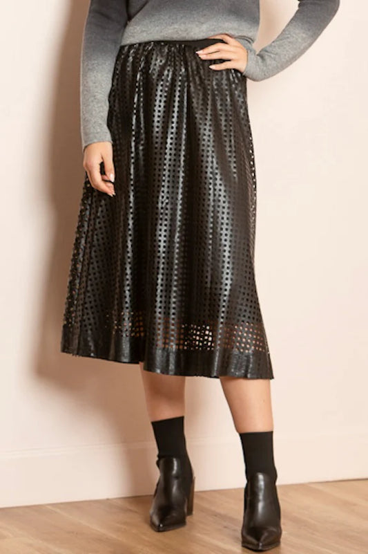 Serena Perforated Pleather Gathered Midi Skirt with Elastic WB By Jessie Liu