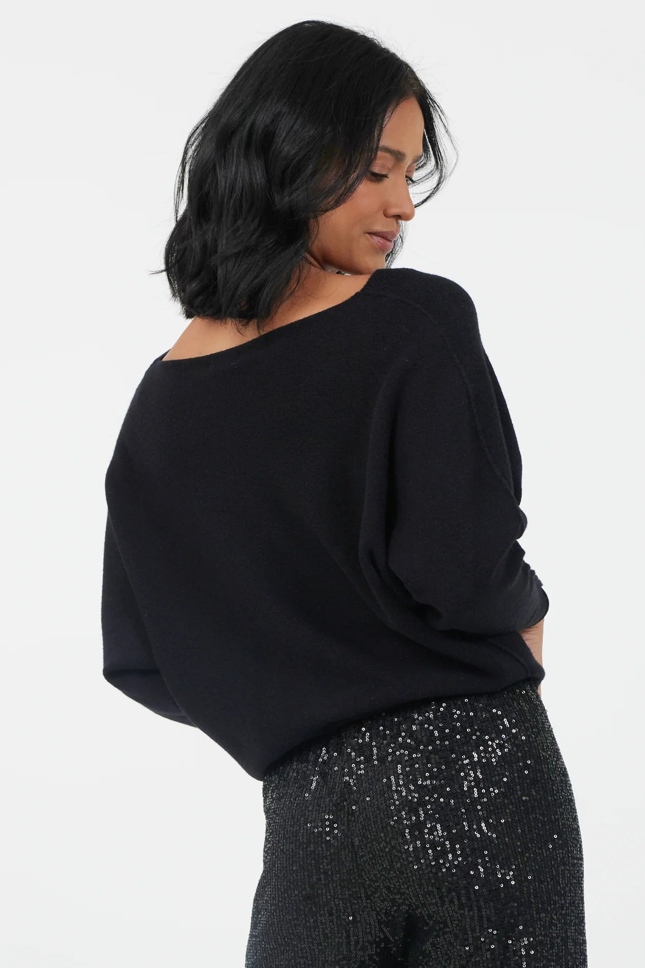 Leena V Neck Batwing Knit Sweater in Black