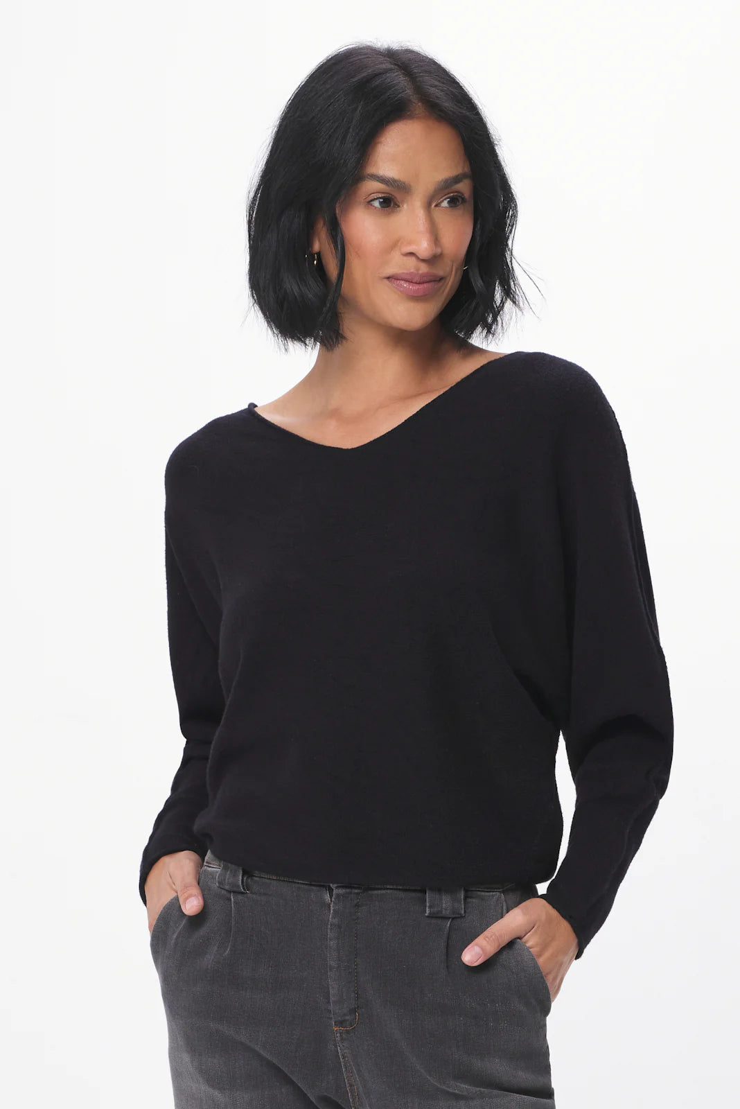 Leena V Neck Batwing Knit Sweater in Black