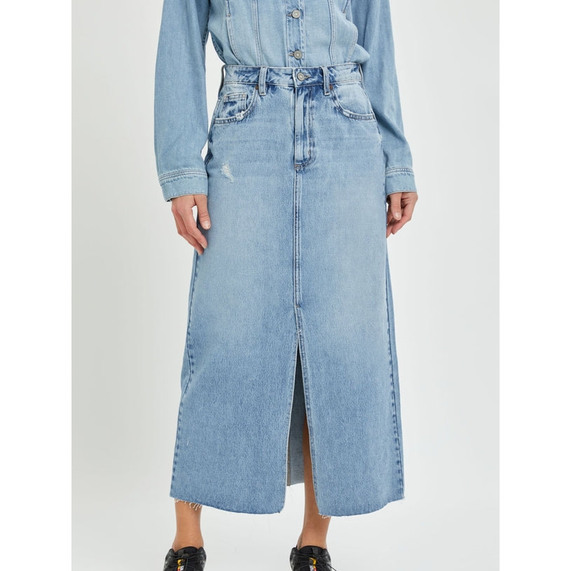 Peyton Light Wash Midi Denim Skirt with Front Slit