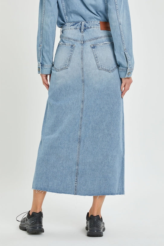 Peyton Light Wash Midi Denim Skirt with Front Slit