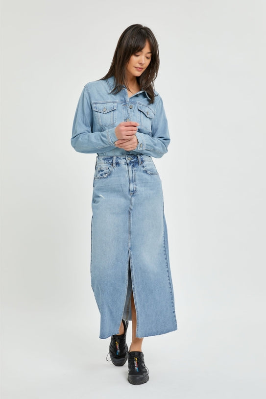 Peyton Light Wash Midi Denim Skirt with Front Slit