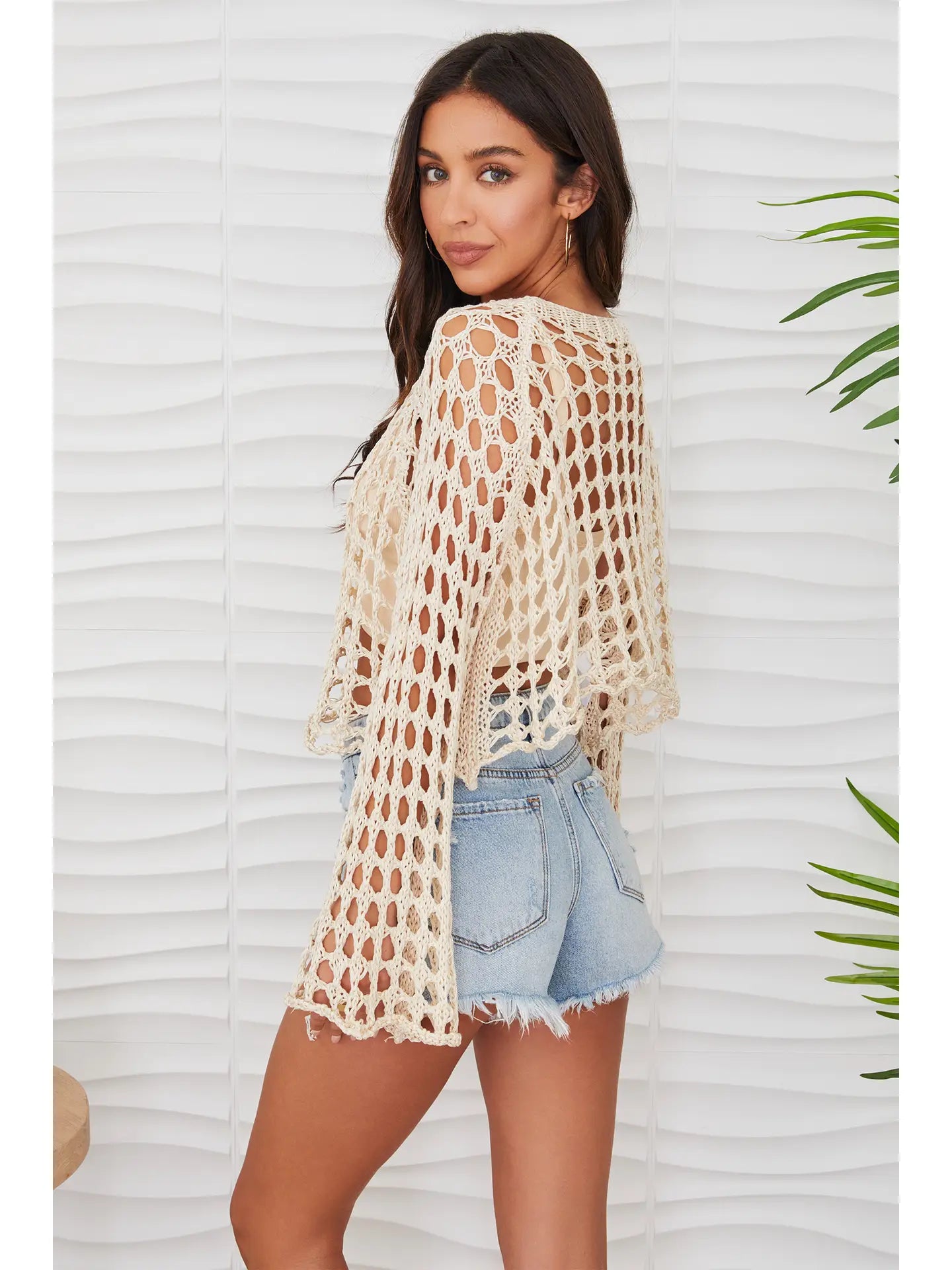 Beige Scoop Neck Open Crochet Top