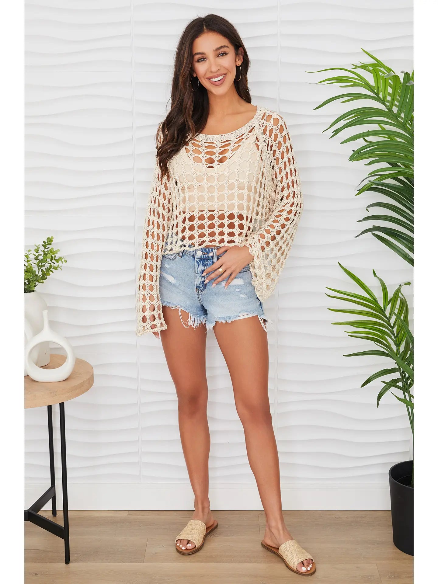 Beige Scoop Neck Open Crochet Top