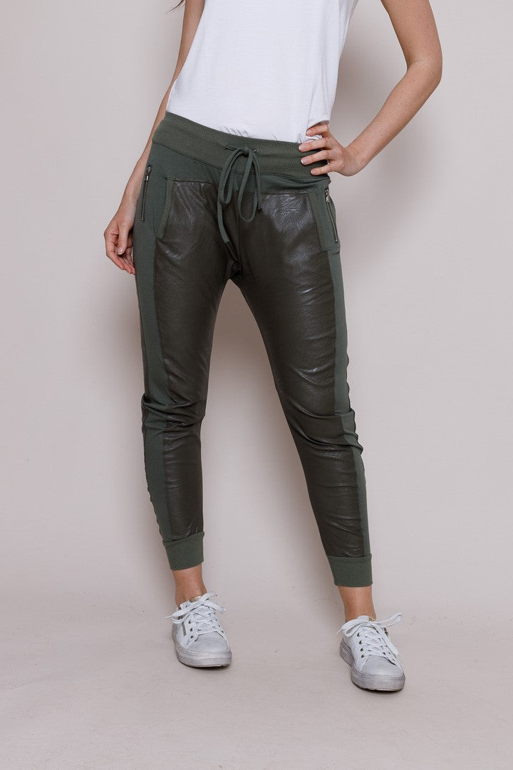 Olive Faux Leather Mixed Ultimate Joggers