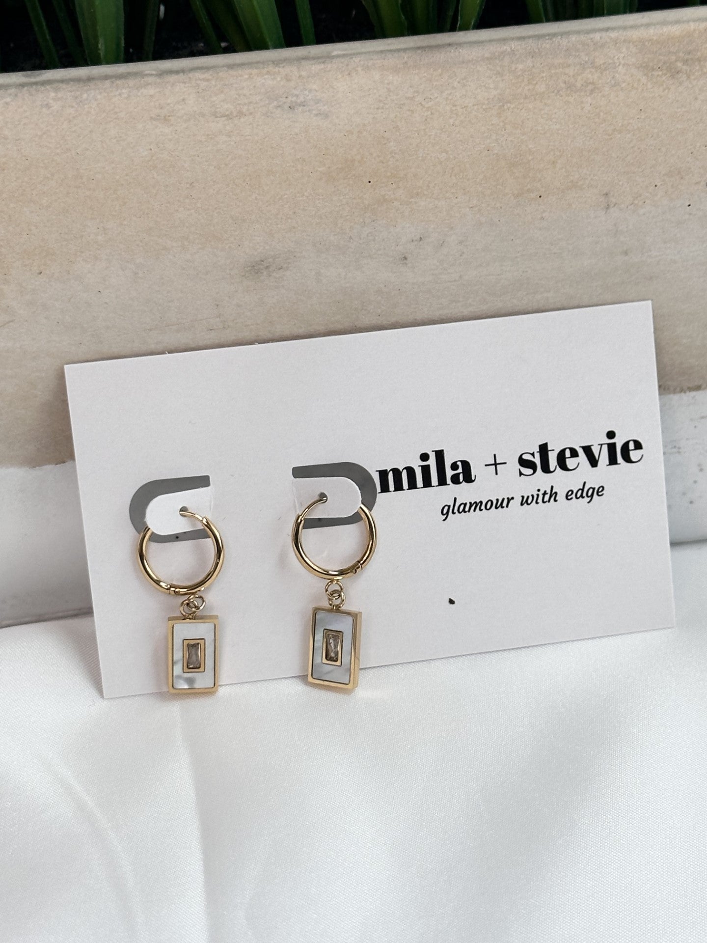 Pearl Enamel Rectangle Dangle Earrings