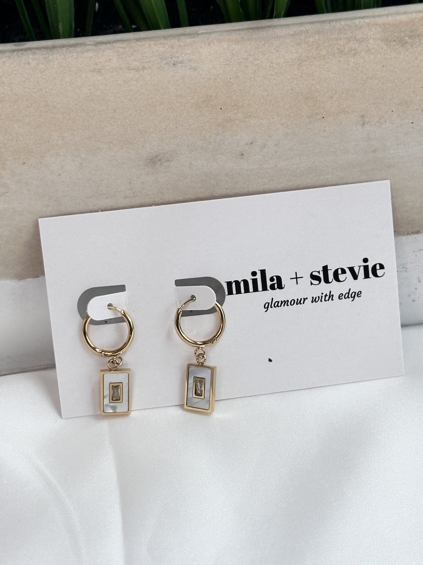 Pearl Enamel Rectangle Dangle Earrings