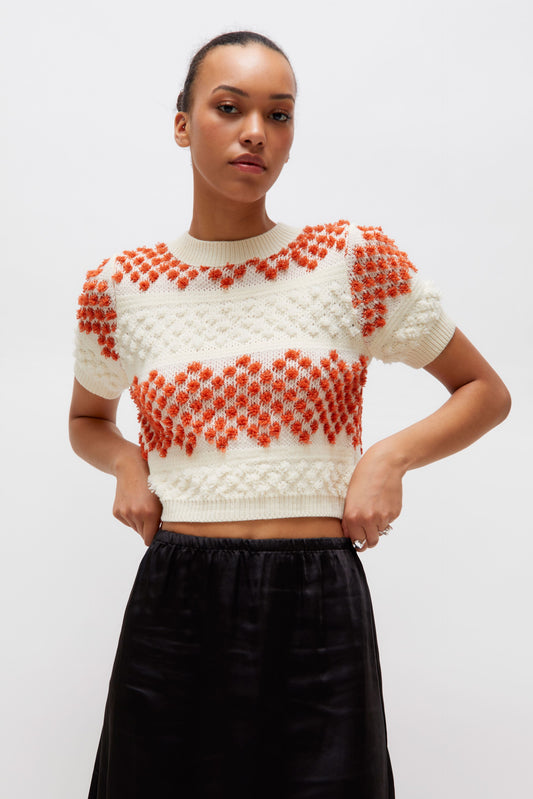 Orange & Cream Short Sleeve Knit Sweater By Wild Pony