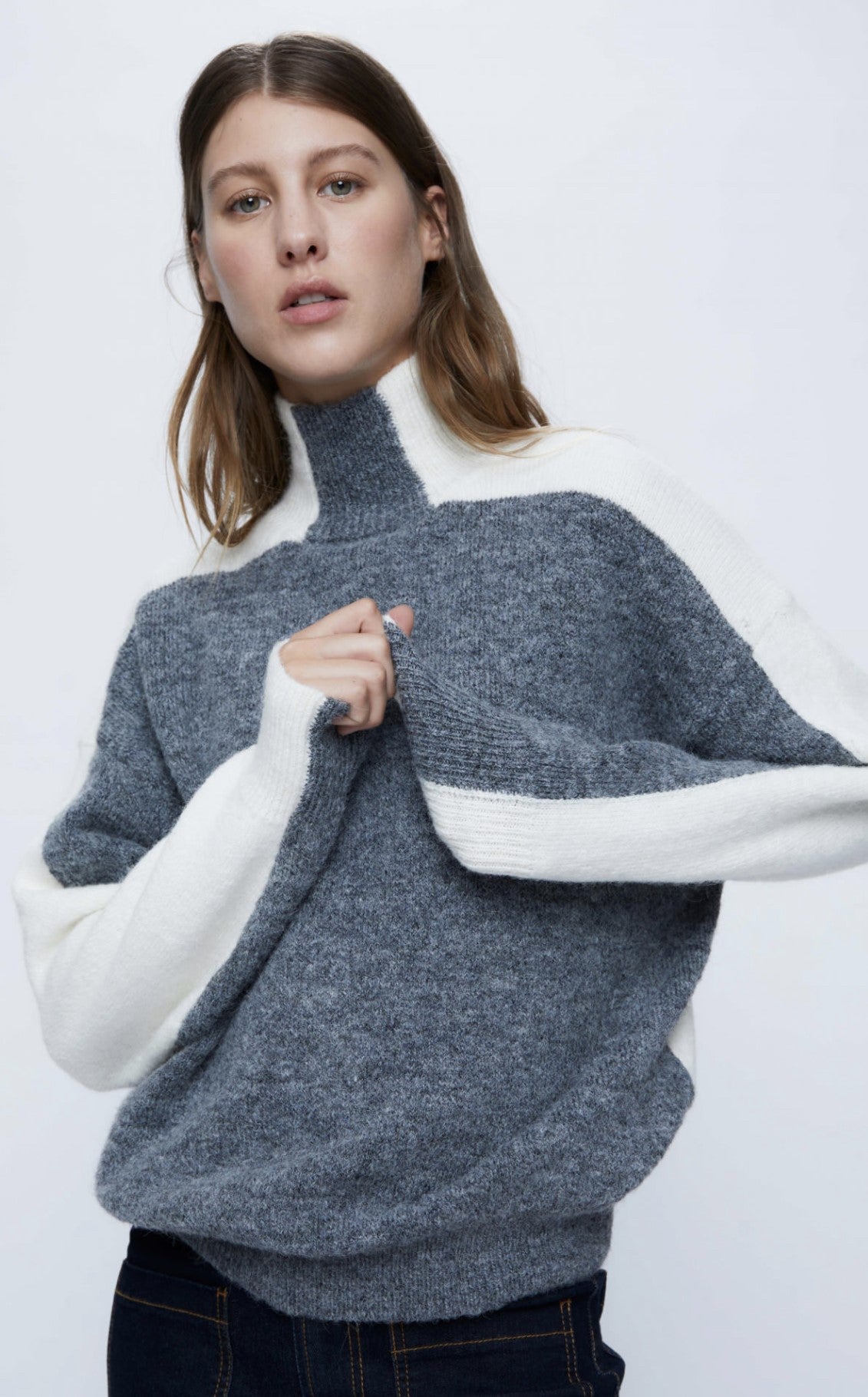 Grey Orion sweater by wild pony, wild pony Orion sweater, grey and cream sweater, mock neck grey and white sweater, grey sweater