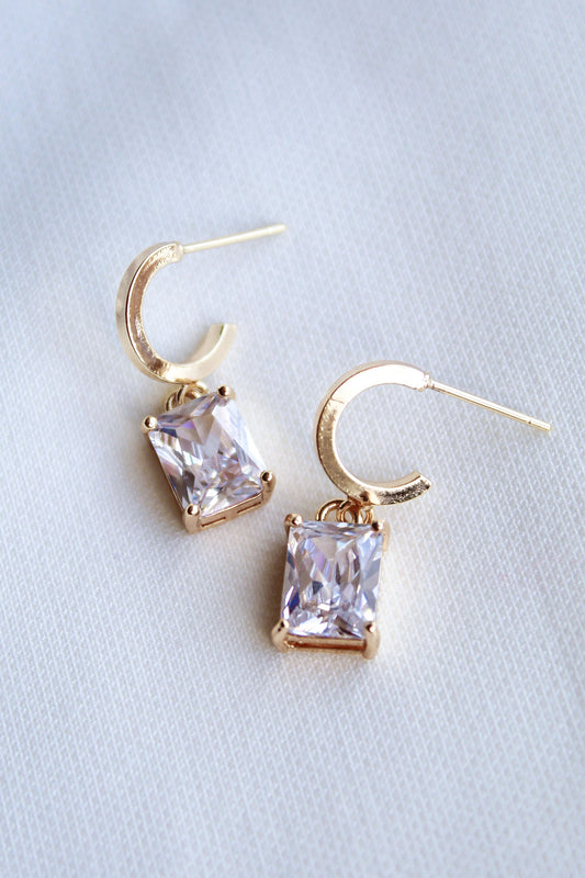 Gold Prism Huggie Earring with CZ Dangle