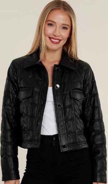 Cropped Black Vegan Leather Quilted Jacket