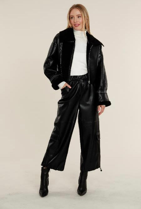 Black Vegan Leather Cargo Pants with Ankle Tie