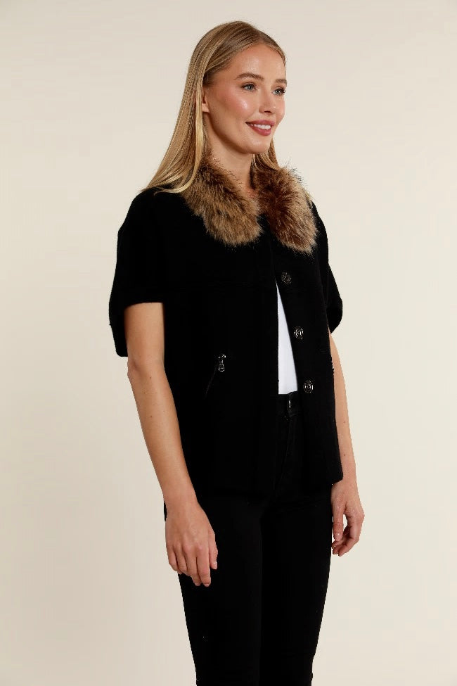 Short Sleeve. Black Cardigan with Removable Faux Fur Collar