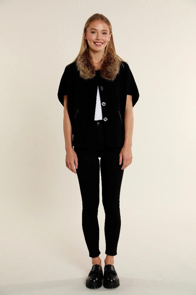 Short Sleeve. Black Cardigan with Removable Faux Fur Collar