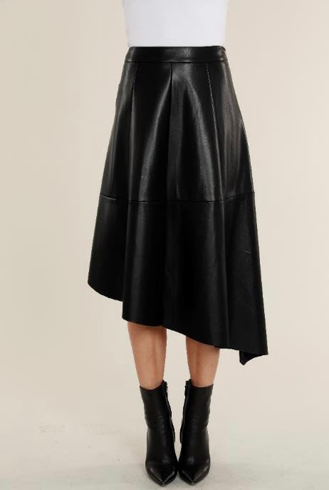 Black Vegan Leather Shark Hem Skirt