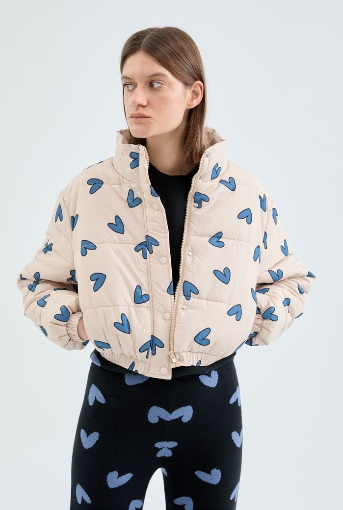 Creme Coat with Blue Hearts