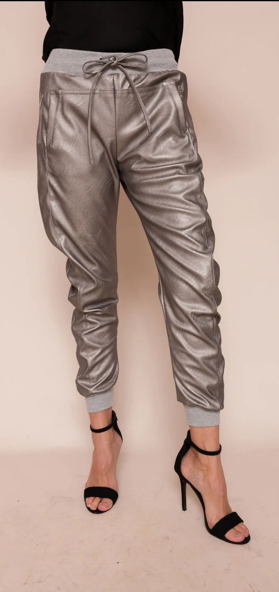 Vegan Leather Grey Metallic Joggers