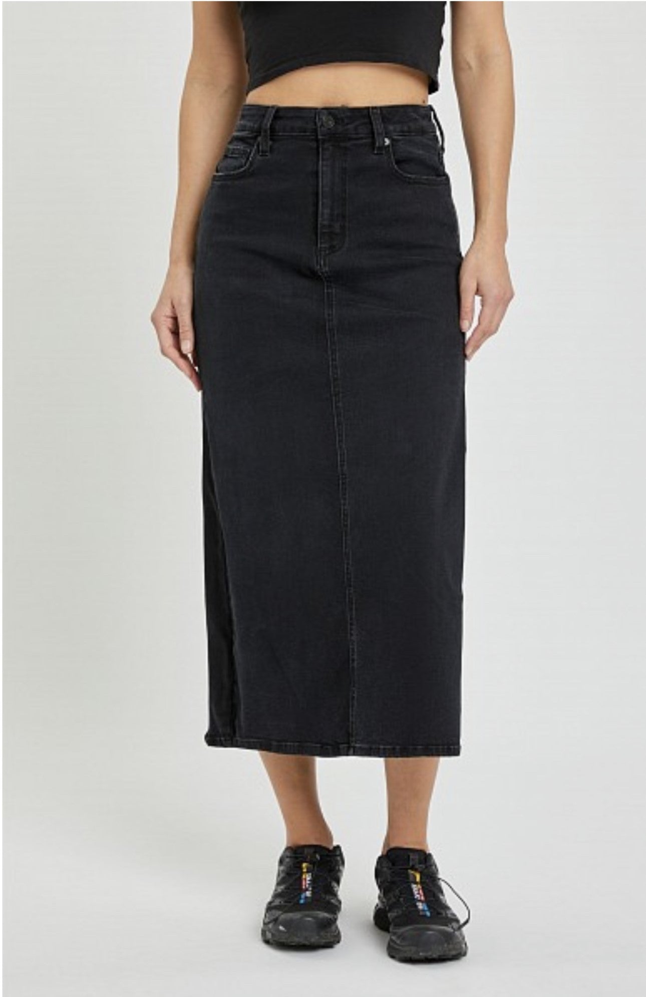 Peyton Black Midi Denim Skirt with Side Slit