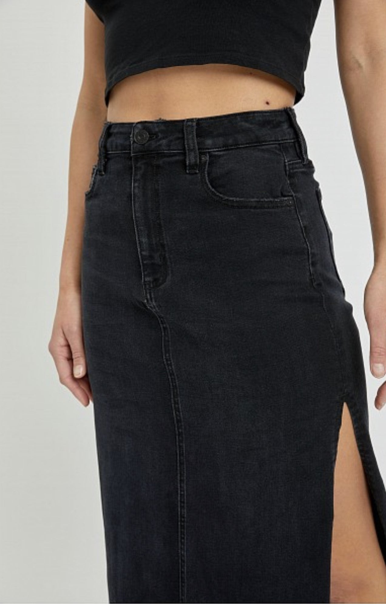 Peyton Black Midi Denim Skirt with Side Slit