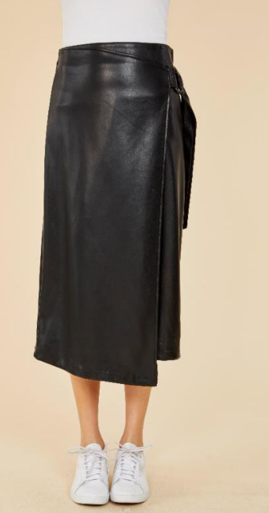 Black Vegan Leather Wrap Skirt with Side Buckle