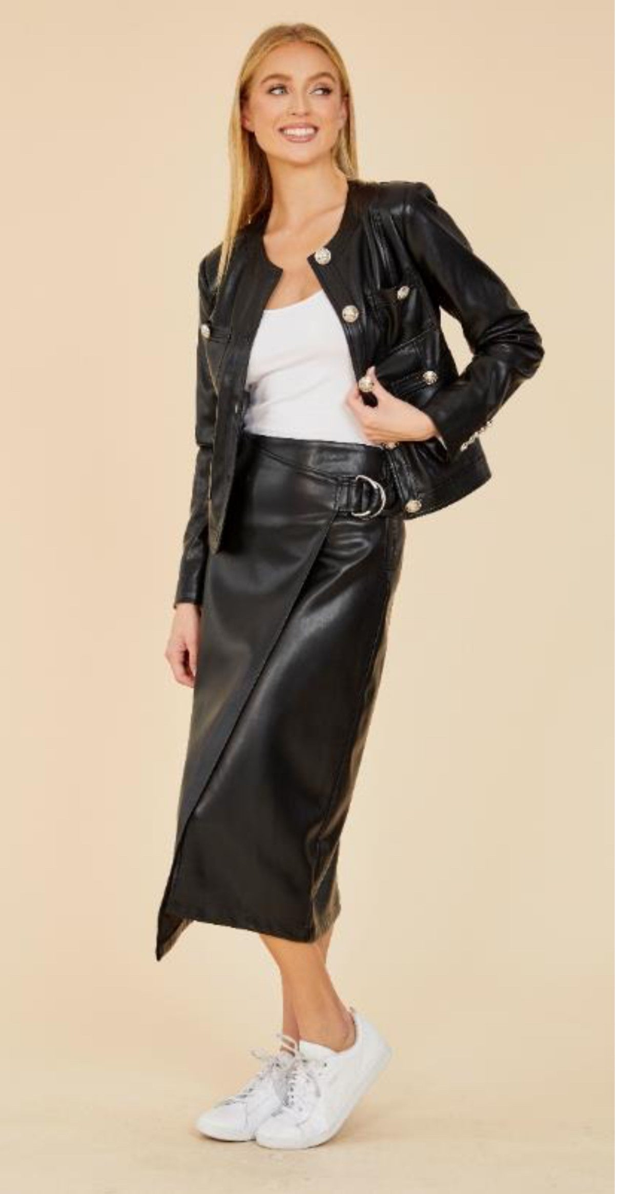 Black Vegan Leather Wrap Skirt with Side Buckle