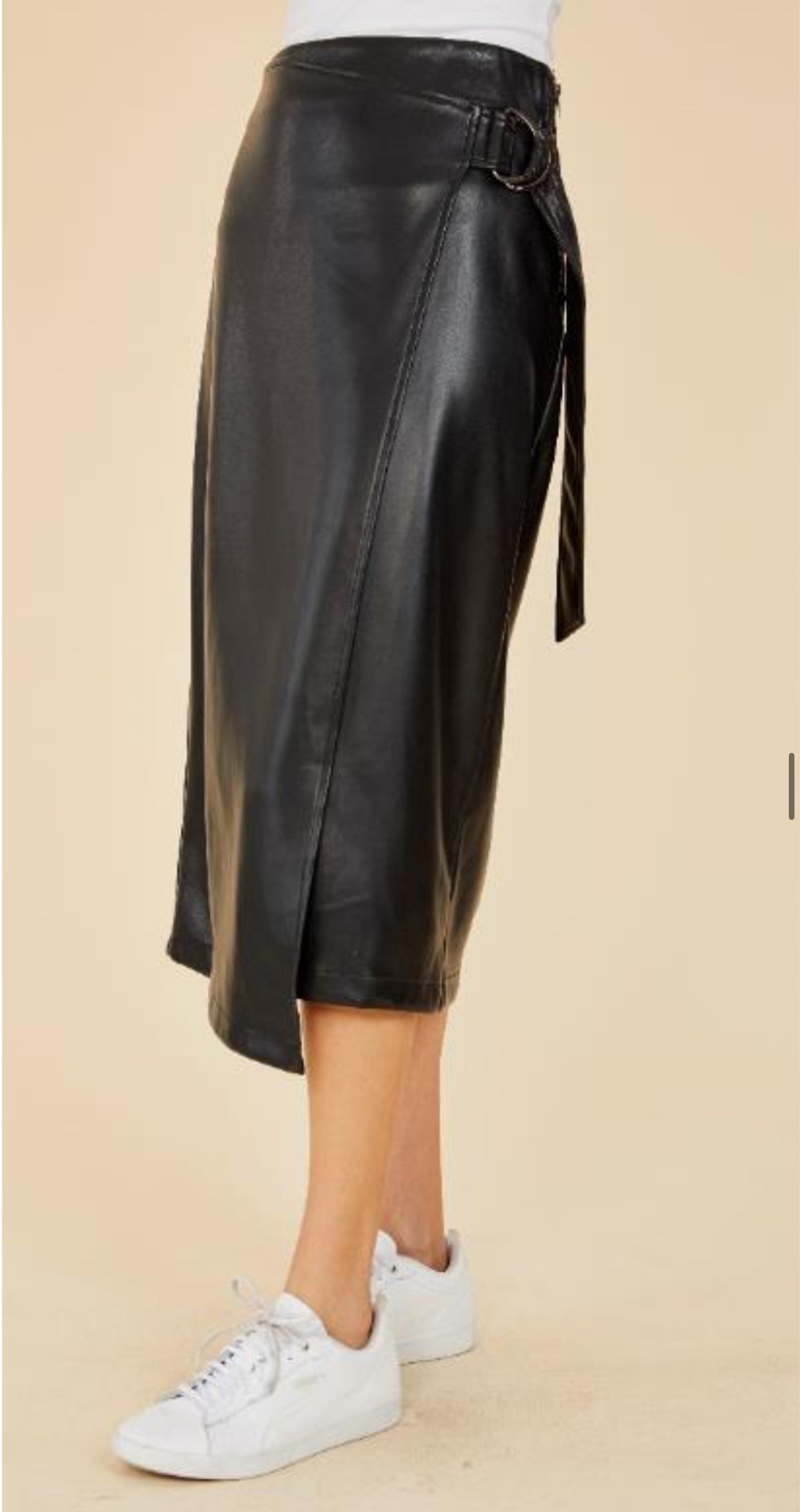 Black Vegan Leather Wrap Skirt with Side Buckle