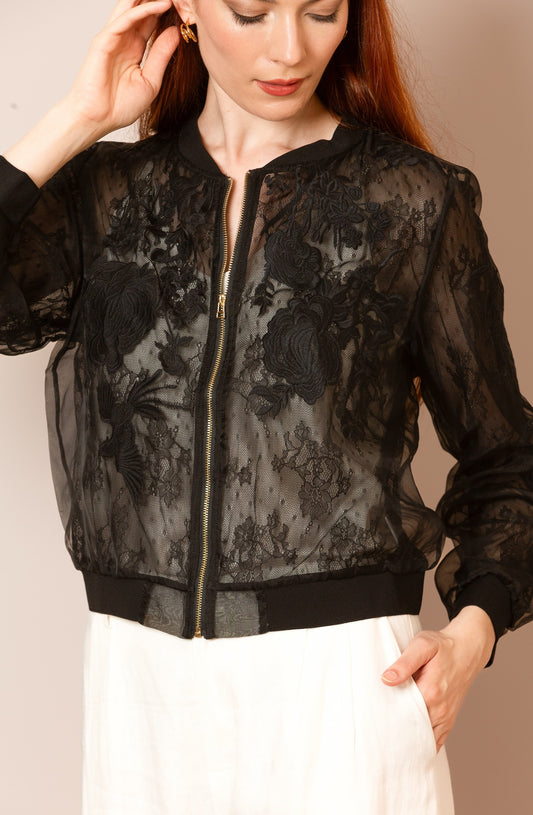 Black Tulle & Lace Combo Bomber Jacket By Jessie Liu